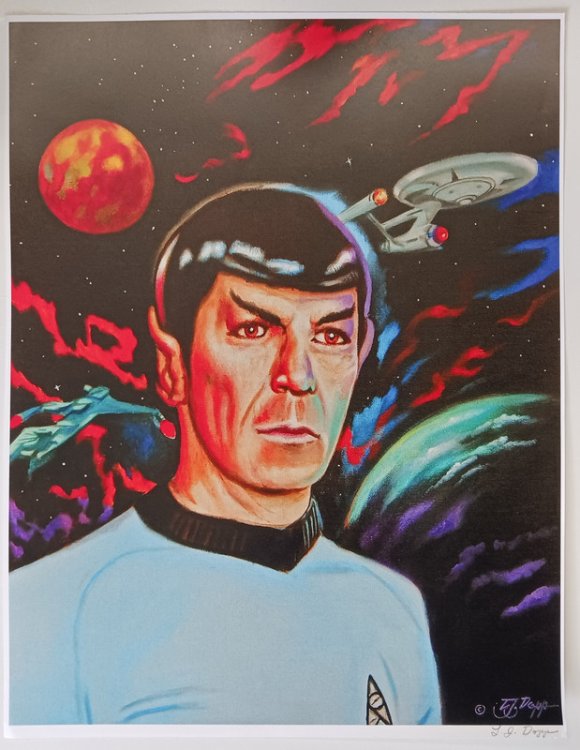SIGNED L.J. DOPP PRINT REPRODUCTION OF OIL PAINT STAR TREK THE ORIGINAL SERIES FEATURING LEONARD NIMOY AS MR. SPOCK 11'' X 14''