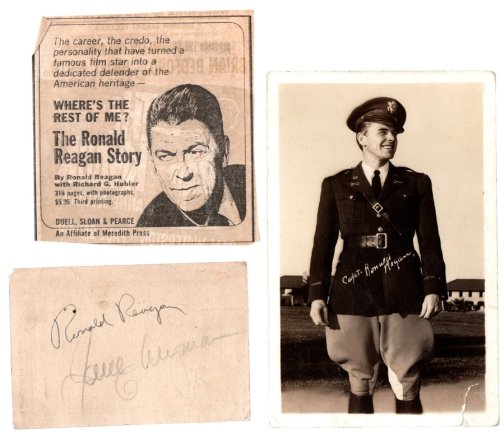 AUTOGRAPHED ULTIMATE RONALD REAGAN COLLECTION, Lot of 4 Items Including 1) WHERE'S THE REST OF ME: The Ronald Reagan Story by Ronald Reagan and Richard G. Hubler. New York: Duell, Sloan and Pearce, FIRST EDITION 1965; 2) CALENDAR CARD SIGNED BY RONALD REAGAN AND JANE WYMAN; 3) ORIGINAL POSTCARD OF 
