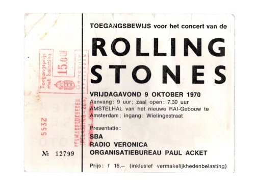 ORIGINAL ROLLING STONES CONCERT TICKET FROM THE LAST SHOW OF THE 1970 EUROPEAN TOUR -- FRIDAY EVENING, 9 OCTOBER 1970 AT THE AMSTELHAL (RAI Amsterdam Convention Centre) IN AMSTERDAM, THE NETHERLANDS.