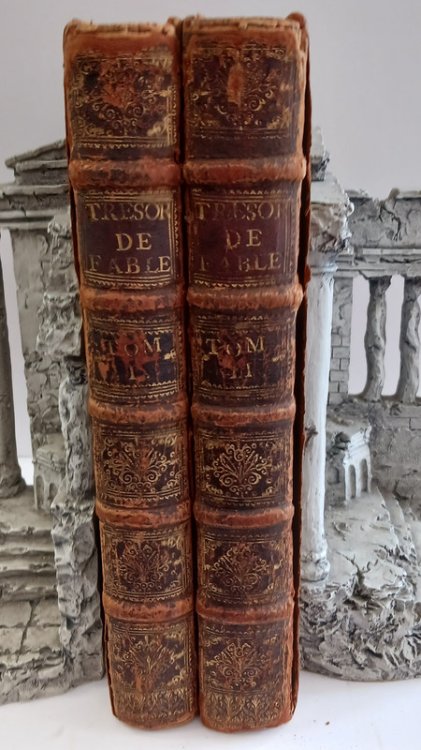 1734, Tresor de fables choisies des plus excellens mythologistes by J.-L. Krafft. RARE TWO VOLUMES SET IN FULL LEATHER WITH 112 WOODBLOCK ENGRAVED PLATES. TEXT IN FRENCH. Bruxelles: G. Jacobs.