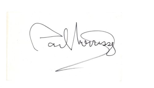 AMERICAN MOTION PICTURE DIRECTOR PAUL MORRISSEY (b.1938) AUTOGRAPH. 3'' X 5'' INDEX CARD. UNDATED, SIGNATURE OBTAINED CIRCA 1980.