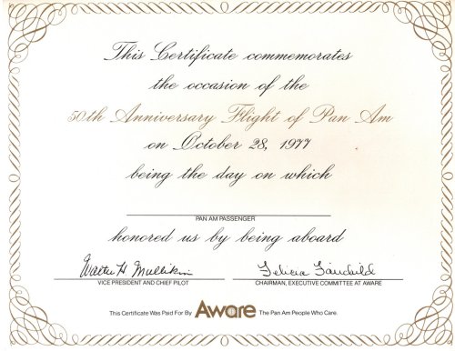 PAN AMERICAN AIRLINES AND PACIFIC SOUTHWEST AIRLINES EPHEMERA, 1977-88: 1) 2 Blank 50th Anniversary Pan Am Certificates; 2) 2 Aware Pan Am Letters; 3) 2 Blank PSA Final Day of Service Certificates.