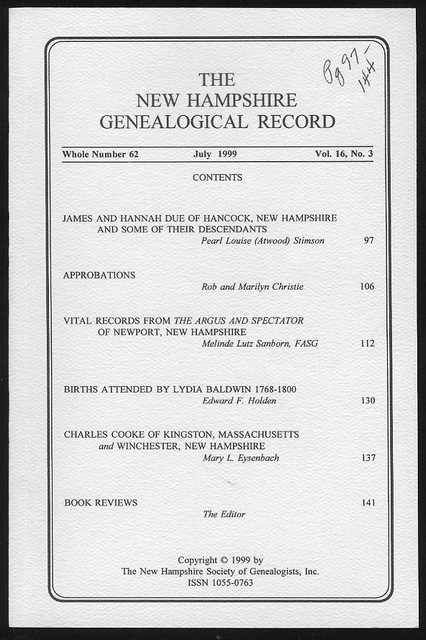 The New Hampshire Genealogical Record (Vol. 16, No. 3, July 1999)