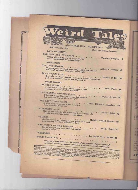 Canadian issue Weird Tales Pulp ( Magazine ) September 1949 ( One Foot and the Grave; Deep Drowse; Rainbow Jade; Country House; Slayers and the Slain; Shot-Tower Ghost; Blindman's Buff; Thinker; Woman on the Balcony; Weirdisms )( Canada )