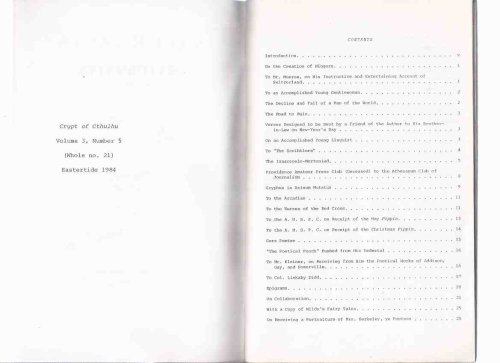 Saturnalia and Other Poems: Crypt of Cthulhu Volume 3, # 5, Whole # 21, Eastertide 1984 -by H P Lovecraft