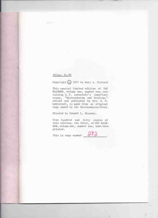The Rainbow, Volume 1, # 1 October 1921 / Necronomicon Press ( Facsimile Edition )(inc. Nietzsche as a Practical Prophet; Philosophia; Nietschism and Realism; A Triumph in Eternity; Our Natupski Neighbors, Nietscheism and Realism, etc)