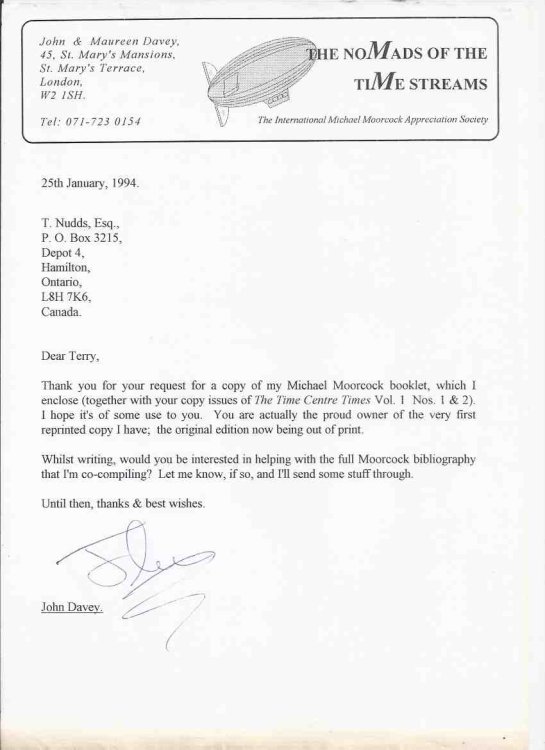Michael Moorcock: A Reader's Guide -by John Davey / The Nomads of the Time Stream (signed letter) ( Bibliography / Checklist )