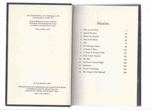 Flies on the Wall -by Alex Hamilton (short stories inc. Special Number; Below the Shadow; End of the Road; Fail; Not Enough Poison; Shoal of Time; Name to Conjure with; The Hat; Image of the Damned; Words of Warning; Quittance; Smithson's Second Sight )
