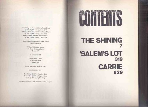 Omnibus Containing THREE BOOKS By STEPHEN KING: The Shining; 'Salem's Lot; Carrie ( Movie Tie-in Dustjacket with Shelly Duvall and Jack Nicholson )( Salem's Lot / Salems )