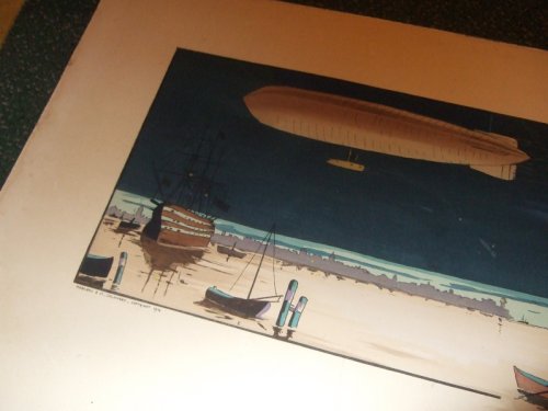 Poster dated 1914 / The Old and the New -Night Scene with a silent, looming zeppelin being spotlighted by a hulking battleship with a 3-masted sailing ship in the distance, silhouetted town, small skiffs (rowboats / dirigible; WWI era )