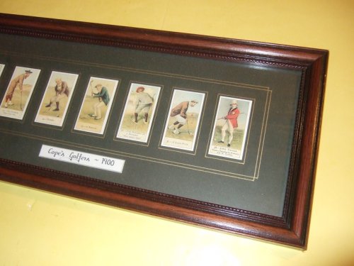 Cope's Golfers 1900 / Cope Bros. Cigarette Cards ( Card # 32 Lady Margaret Scott; 33 MacFoozle, 34 Dormy, 35 Novice, 36 Mystery of a Bunker, 37 A Long Putt, 38 John Taylor )( Golf Cards -Facsimiles, Framed )( Cope Brothers, London, UK )( Golf, Golfing )