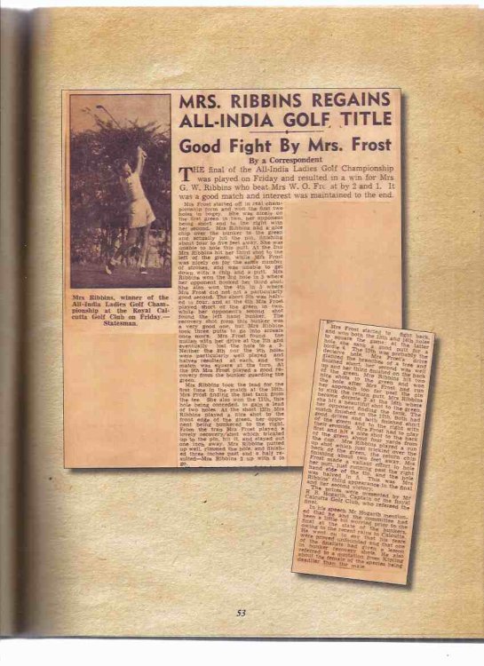 LOOKING BACK: Tribute to Bam Ribbins An Undefeated Champion ( Two x Winner of East India Challenge Cup; Winner of Ladies Open Ceylon National Golf Championship; Seven x Winner of All-India Ladies Open Golf Championship )(Newspaper repros) ( Women's Golf )