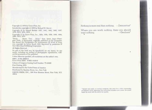 SAMUEL BECKETT: I Cant go on, I'll go on, a Selection from Beckett's Work (inc. Criticism: [from] Dante [to] Bruno, Vico [to] Joyce; Whoroscope; [from] Echo's Bones; Waiting for Godot; Krapp's Last Tape; Cascando; Saint-Lo; etc)