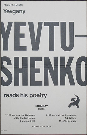 Yevgeny Yevtushenko reads his poetry. Monday Dec 3.