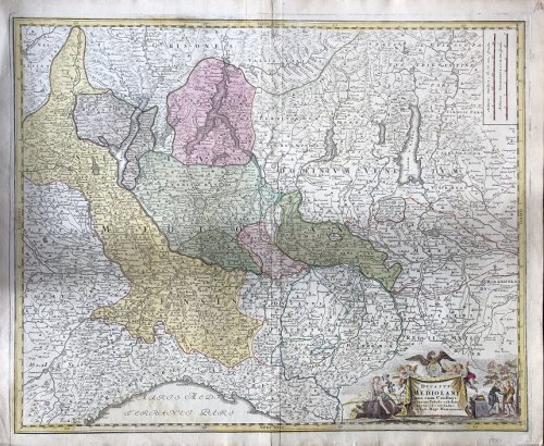 Ducatus Mediolani una cum Confinys accurata Tabula exhibitus auctus et emedatus Per Joh. Bapt. Homannum.