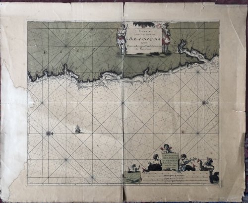 Pas-Kaart, Van de Zee-Kusten, van, Brazilia, Tusschen, Punto de Lucena en Cabo S. Augustino. Door Vooght, Geometra.