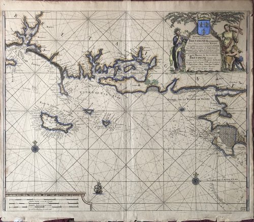 Nieuewe Pascaart Van de Zeekusten Van Bretangne Beginnende Van t' Incoomen Van de Rivier de Loire tot dan t' Eylandt de Groa door Vooght Geometra. (Also titled in French:) Carte Marine de la Costes de Bretangne depuis la Commancement de la Rivierre de Loire Jus'quia Isle de Groa Pr Vooght Geometra.