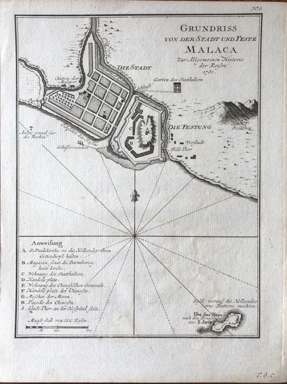 Grundriss von der Stadt und Feste Malaca Zur Allgemeinen Historie der Reisen 1750.