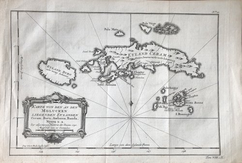 Image for Karte von den an den Molucken Liegenden Eylanden Ceram, Buro, Amboina, Banda, Neyra u.a. Zur allgemeinen Historie der Reisen 1750. Karte von den an den Molucken Liegenden Eylanden Ceram, Buro, Amboina, Banda, Neyra u.a. Zur allgemeinen Historie der Reisen 1750.