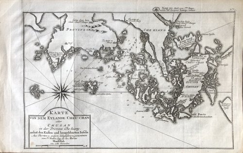 Image for Karte von dem Eylande Cheu-Chan oder Chusan in der Provinz Che-kiang, nebst den Kusten und benachbarten Inseln. Aus Thornton u. andern Schiffahrern genommen von N. Bellin Ing. de la Marine. Karte von dem Eylande Cheu-Chan oder Chusan in der Provinz Che-kiang, nebst den Kusten und benachbarten Inseln. Aus Thornton u. andern Schiffahrern genommen von N. Bellin Ing. de la Marine.