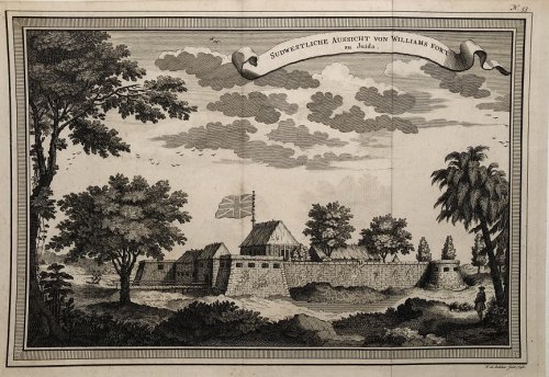 Sudwestliche Aussicht von Williams Fort zu Juida. [William's Fort, Whydah, from the Southwest].