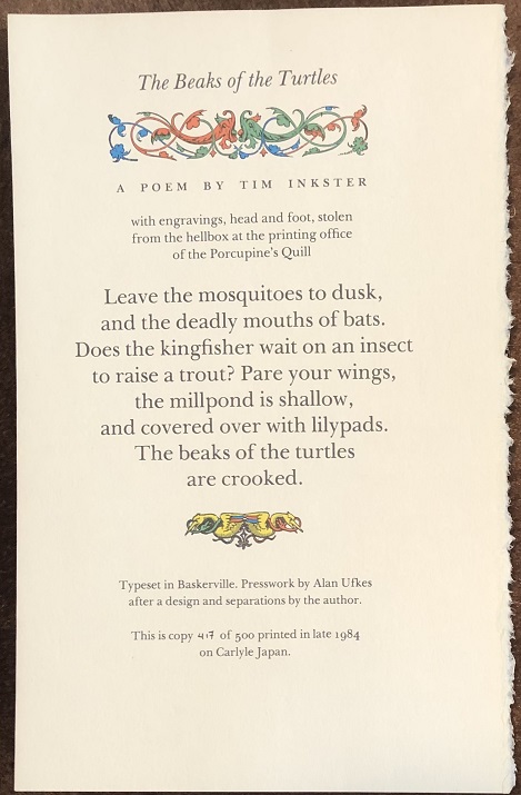 The Beaks of the Turtles. A Poem by Tim Inkster with engravings .