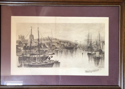 Bristol Cathedral and Harbour. An etching.