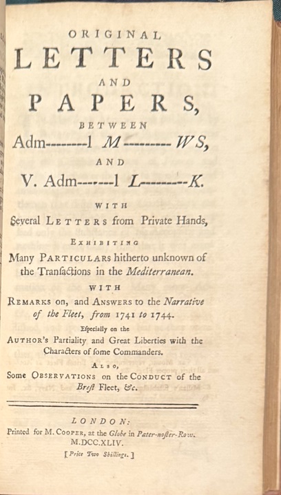 A sammelband (bind-up) of Seven Naval Pamphlets 1744 - 1745, relating to The Battle of Toulon and the Court-Marshal of Admiral Thomas Mathews and others.