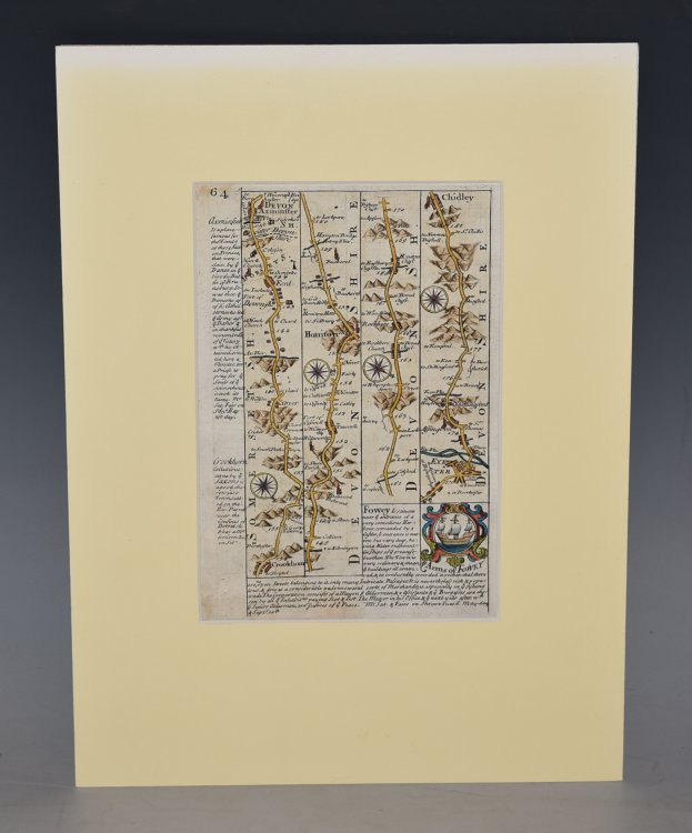 Miniature Original Antique engraved map: strip road map of DORSETSHIRE / DEVONSHIRE / SOMERSETSHIRE. From: BRITANNIA DEPICTA.
