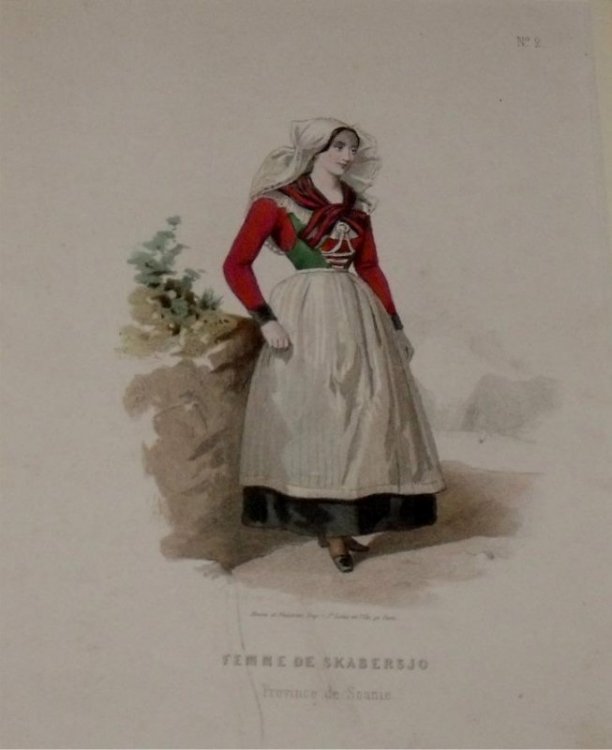 Attractive original engraving of Femme de Skabersjo. (Province de Scanie). Woman from Skabersjo in the Province of Scanie.