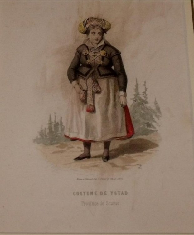 Attractive original engraving of Costume de Ystad. (Province de Scanie). Woman from Ystad in the Province of Scanie.