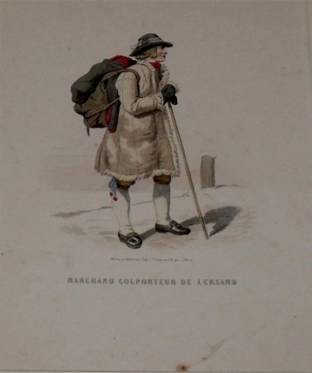 Attractive original engraving of Marchand Colporteur de Leksand. A Merchant Peddler from Leksand.