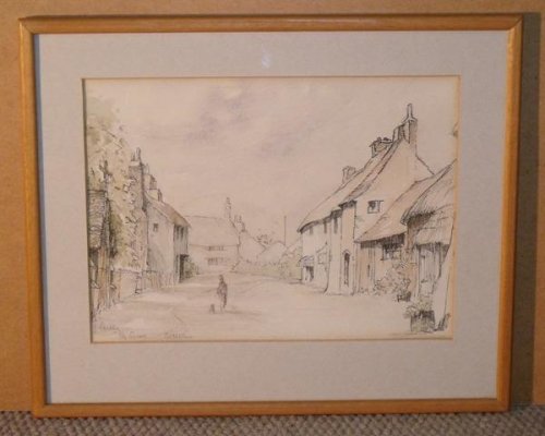 ‘The Square’ Puddletown. Original line-wash painting.