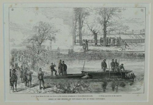Scene Of The Murder On New-Year’s Eve At Stoke Newington 1. Place where the body was drawn up the reservoir embankment, in Queen Elizabeth’s-walk. 2. Diving operations int the reservoir.