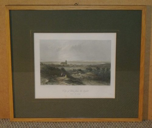 Attractive original steel engraving of City of Ulm from the heights.