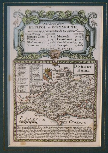 Original Engraved Antique Map of Dorsetshire. Map of Dorset on one side and road map from Gloucester to Worcester on reverse.