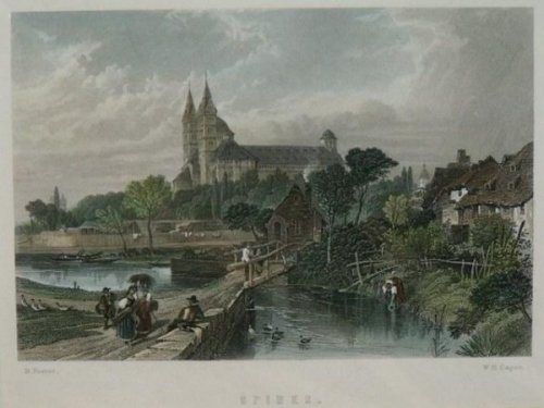 Original steel engraving of ‘Spires’. Steel engraving ca 1840.