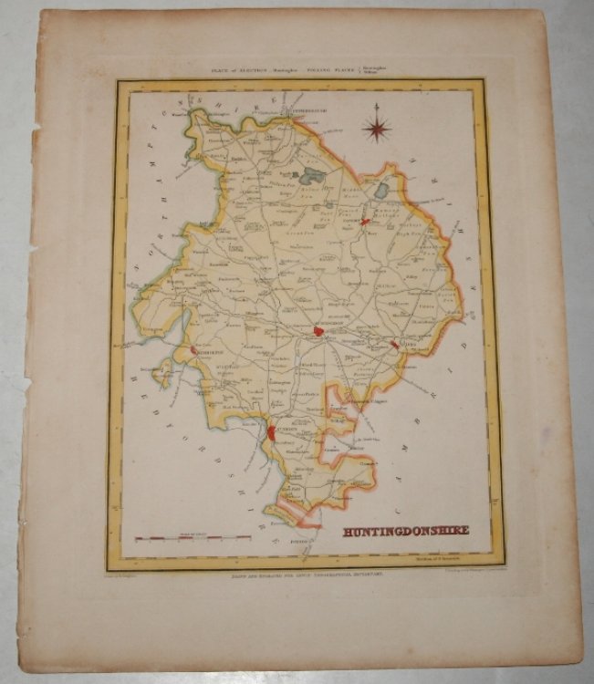ORIGINAL ENGRAVED MAP OF Huntingdonshire. Engraved for LEWIS's “Topographical Dictionary” and drawn by R. Creighton. From: “AN ATLAS comprising Maps of the Several Counties, divided into Unions….”.