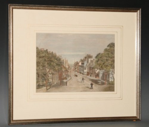 Original Hand Coloured Engraving of Top Of Town, High West Street, Dorchester, Dorset. View from Top O’ Town Roundabout (near Hardy’s Statue and The Keep) Looking down the Main High Street with Grey’s Bridge in the distance.