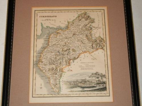 Original Antique Engraved Hand-Coloured Map of Cumberland. With Reference to the Wards, and With a View of Carlisle from the North-East.