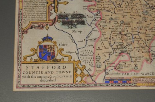 Original Engraved Hand Coloured Map of Stafford. Countie and Towne with the Ancient Citie LITCHFIELD described.