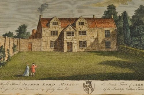 South Front of Abbots Wooton House. Original Hand Coloured Engraving. “The Right Hon. Joseph Lord Milton, Engraved at his expense, is respectfully inscribed by his lordships humble servant, the Author (Hutchins), this South Front of Abbots Wooton House.”