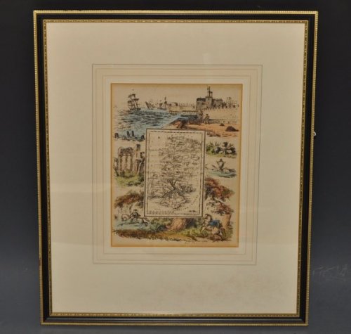 Hampshire. Original Antique Hand Coloured Engraved Map of Hampshire. With decorative surrounding illustrations.