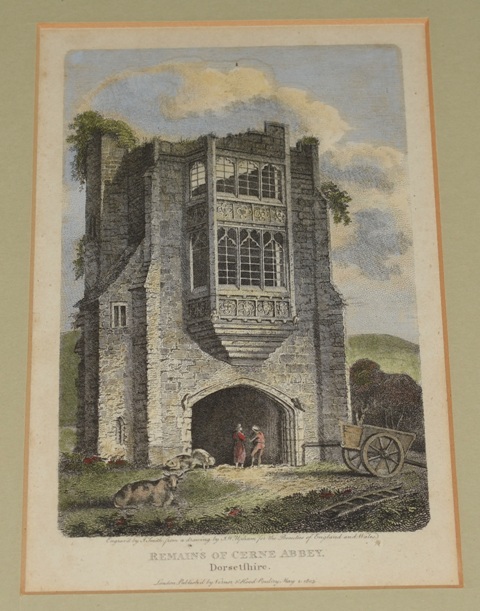 Original Hand Coloured Engraving of Remains of Cerne Abbey, Dorsetshire Engraved by J. Smith from a drawing by J.W. Upham, Published by Vernor & Hood, May 2 1803. For the Beauties of England and Wales.