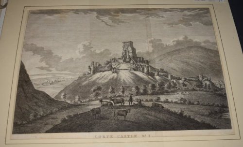Attractive original copper- engraved view of CORFE CASTLE, Plate No.1. Very large picture. From: HUTCHINS' "History of Dorset". 2nd. edition