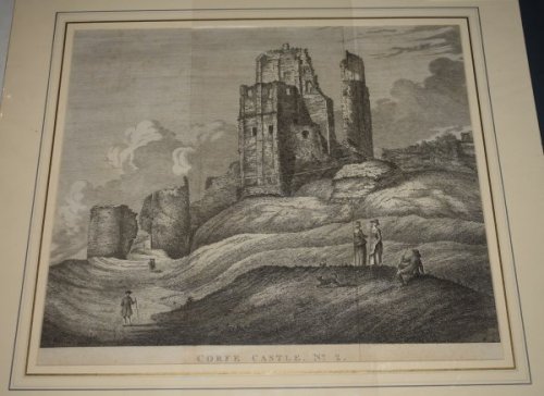Attractive original copper- engraved view of CORFE CASTLE, Plate No.2. Very large picture. From: HUTCHINS' "History of Dorset". 2nd. edition