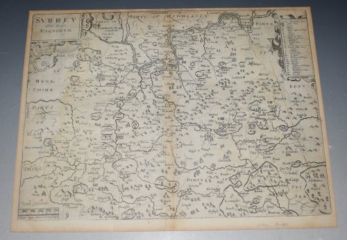 ORIGINAL ENGRAVED ANTIQUE MAP OF SURREY. Surrey Olim Sedes Regnorum