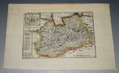 Map of Surrey with Hundreds. Coat of arms and dedication to Hon. Sir Richard Onslow. Engraved Hand Coloured Map