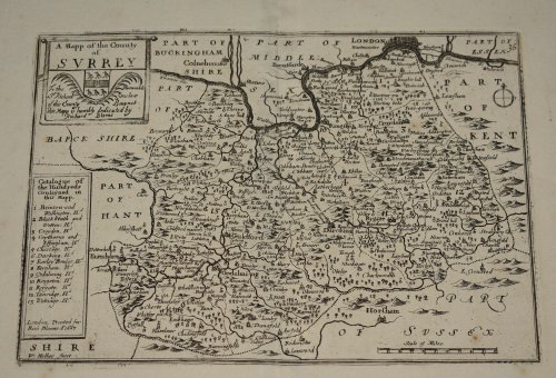 Map of Surrey with Hundreds. Coat of arms and dedication to Hon. Sir Richard Onslow. Engraved Un-Coloured Map