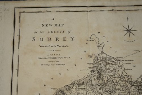 ORIGINAL ENGRAVED ANTIQUE MAP OF SURREY Surrey divided into hundreds and showing roads, rivers, parks, canals and also the iron railway between Wandsworth and Croydon ( this was a horse drawn railway before steam)